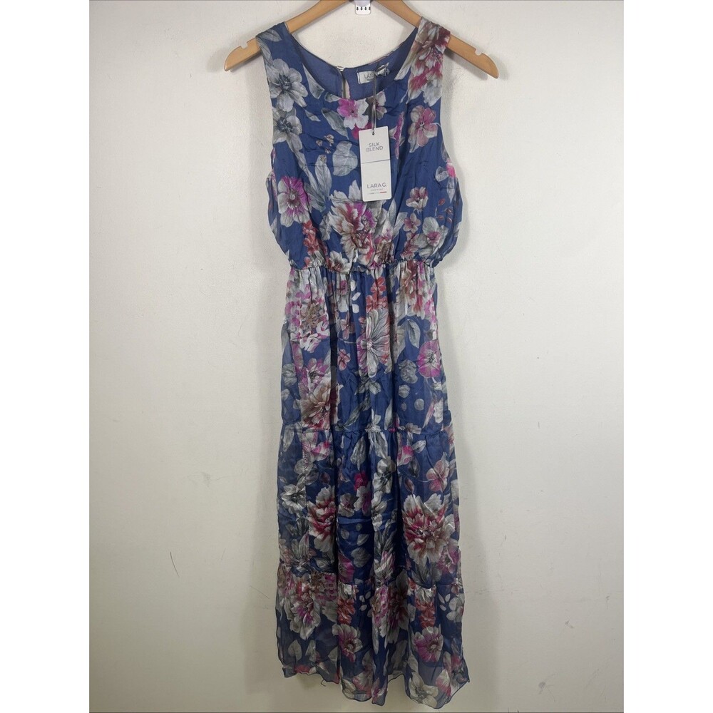Lara G Womens Floral Silk Blend Blouson Maxi Dress Size S Blue Pink Lightweight